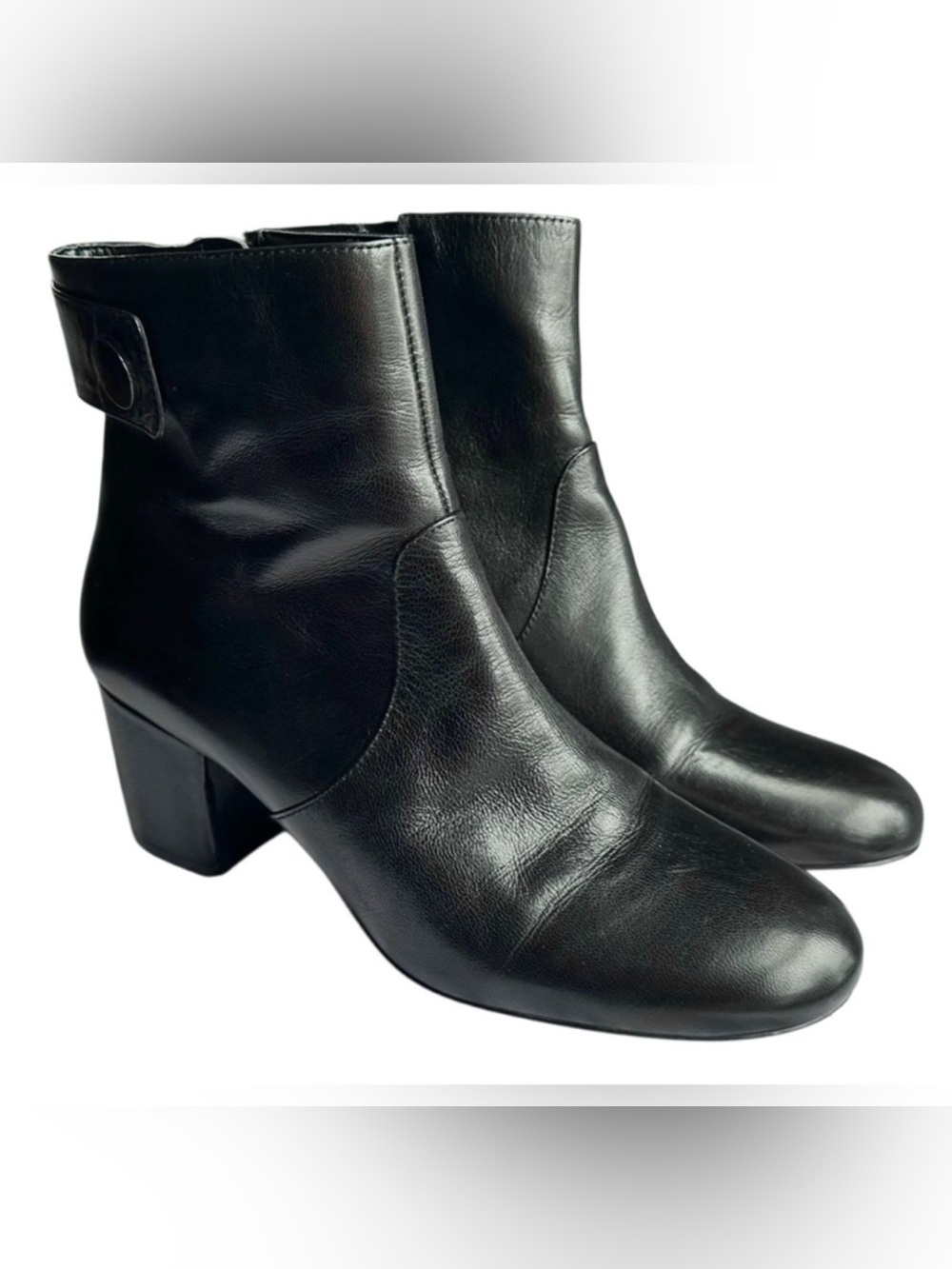 Nine West Black Leather Ankle Boots Block Heel Zip Booties Women’s Size 8.5